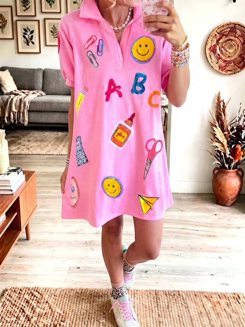 Cute Teacher Stationery Graphic Polo Collar Mini T‐Shirt Dress Women