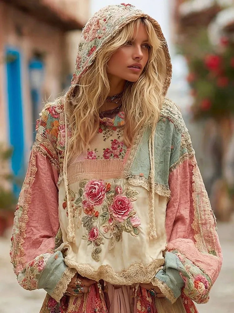 Love & Health Collection Classic Floral Patchwork Art Linen Long Sleeve Hoodie