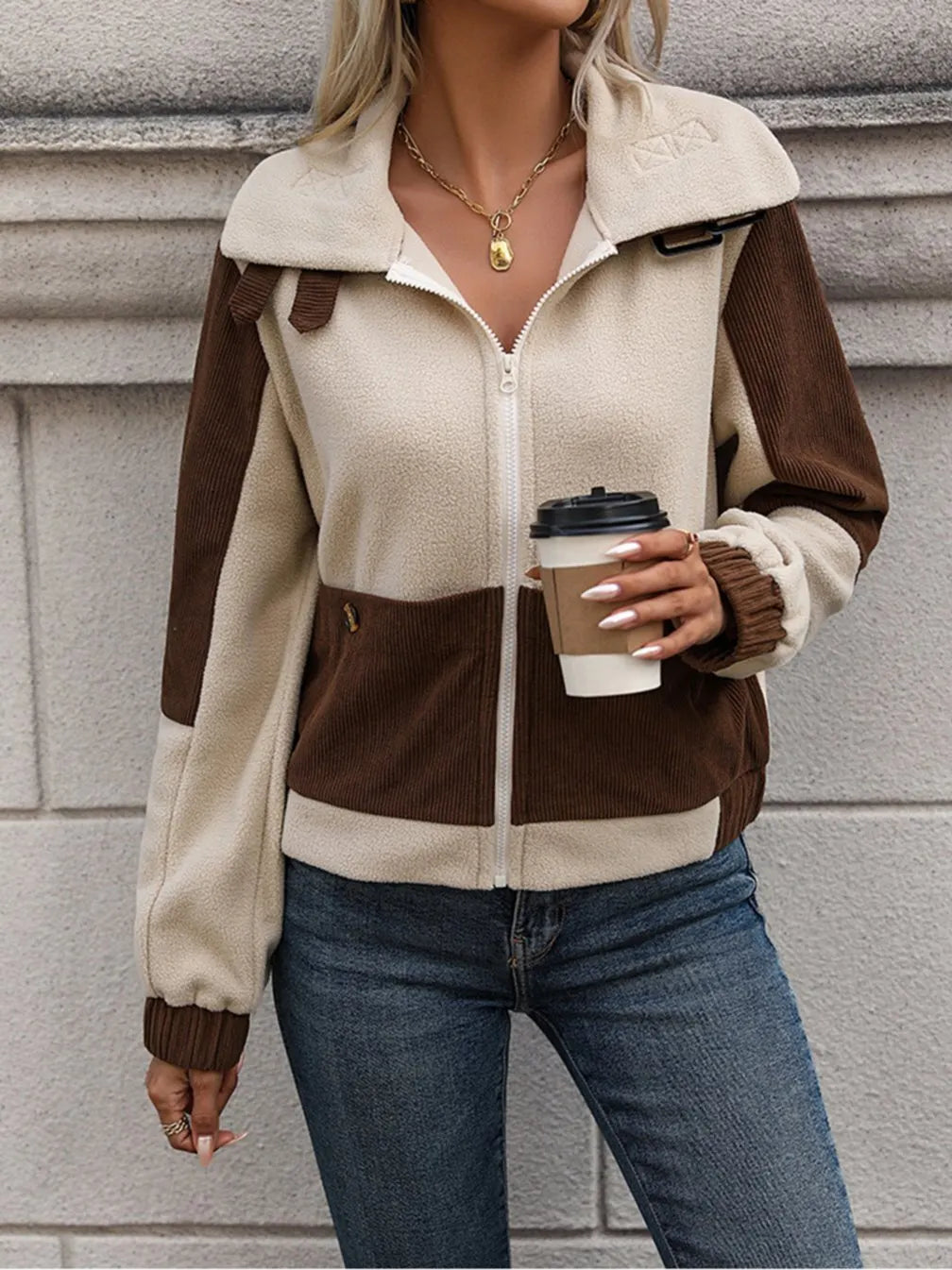 Women's Casual Contrast Color Polar Fleece Zip Jacket