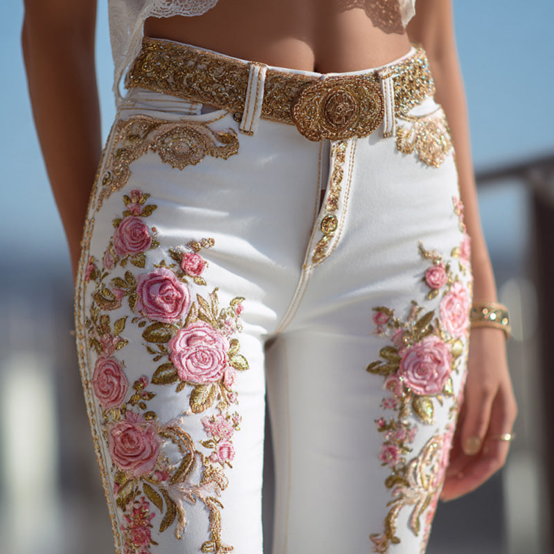 Women's Bohemian Style Pink Rose Embroidery Jeans