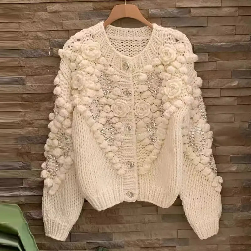 Women's Vintage Bohemian Floral Embroidery Art Aran Sweater Cardigan