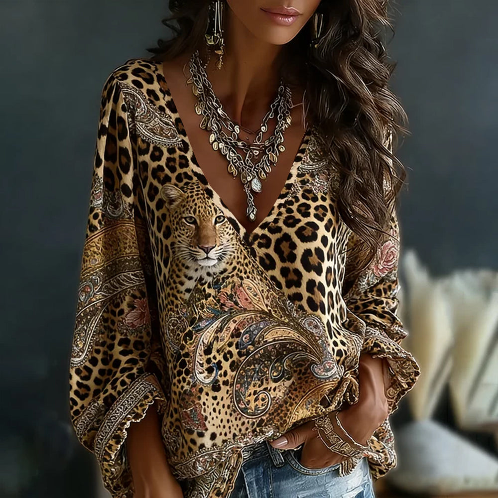 Hippie Leopard And Paisley Print Casual V-neck Long Sleeve Top
