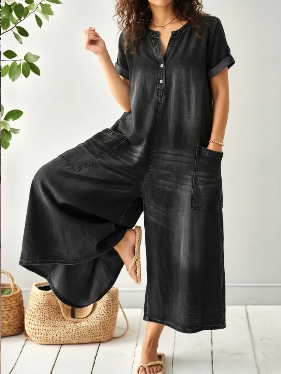 Women's Casual Loose Short-sleeved Denim Jumpsuit