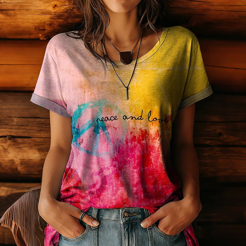 Women's Retro Colorful Gradient Peace And Love Art Print T-shirt