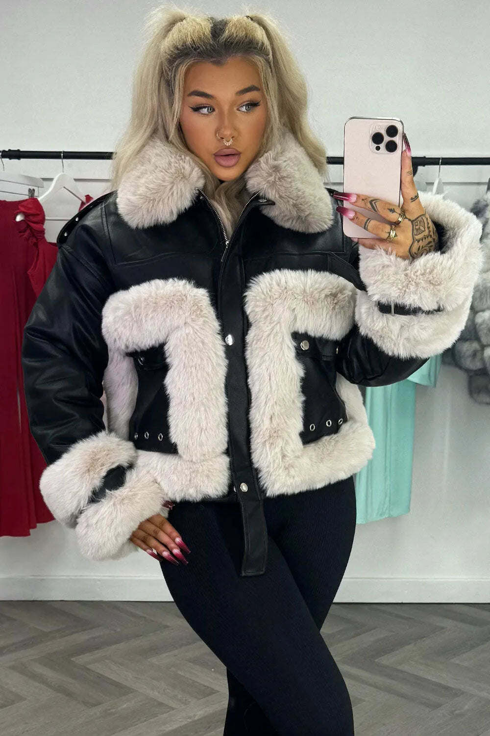Faux Fur Trim Faux Leather Jacket Black