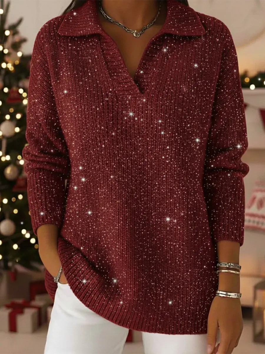 Christmas Party Polo Collar Shiny Loose Sweater Top