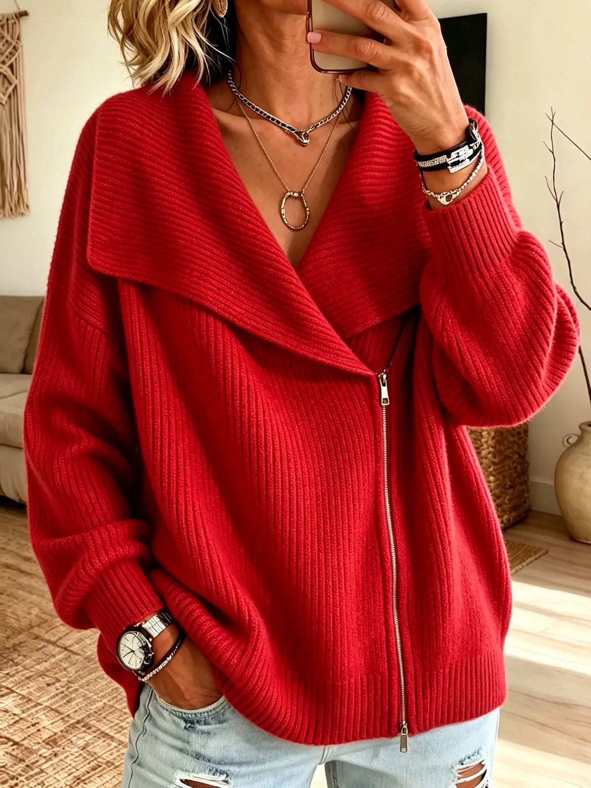Women Oversized Long Sleeve Pullover Lapel Asymmetric Zip Knit Sweater,