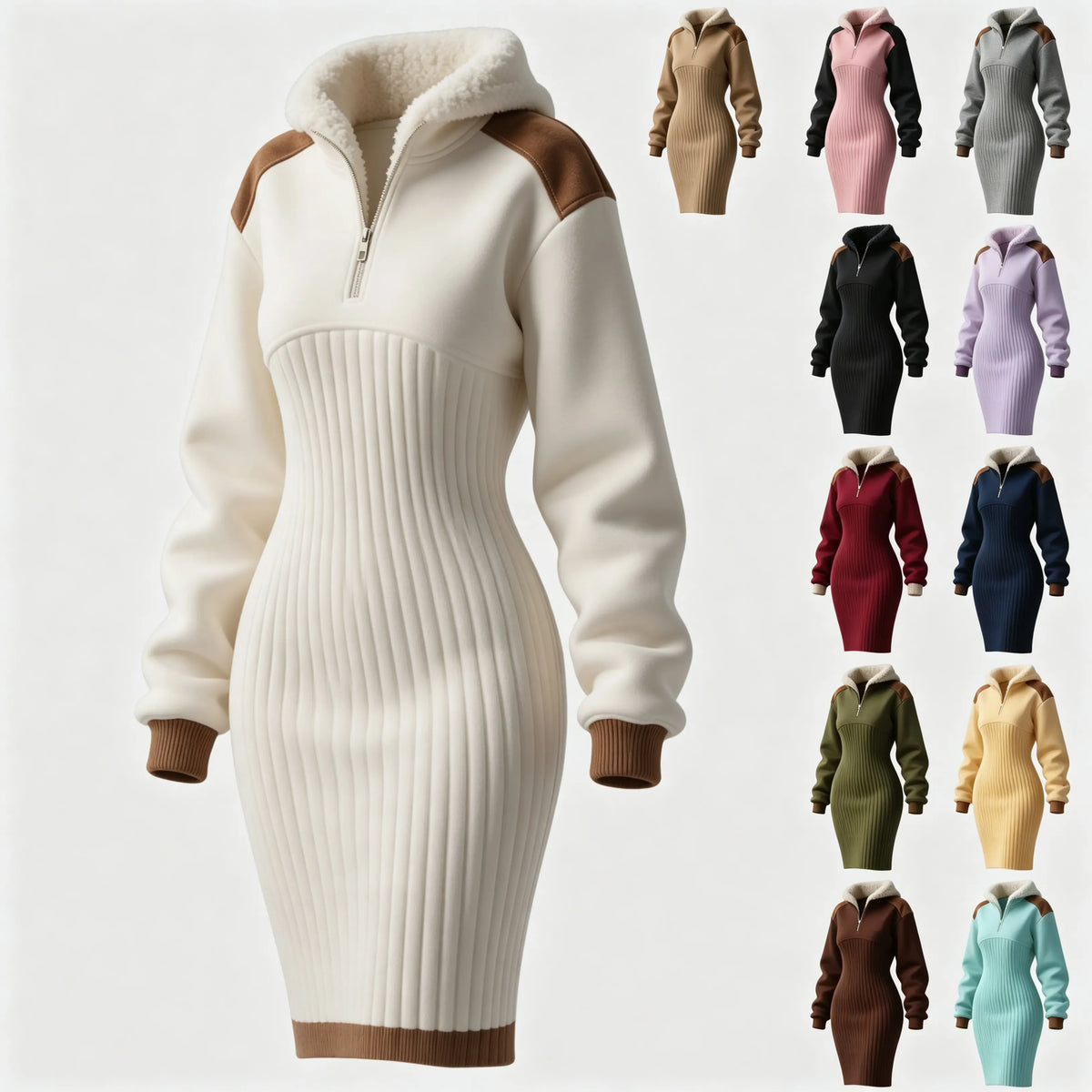 Women's Contrast Color Stitching Suede Lambswool Lapel Hooded Long Sweatshirt