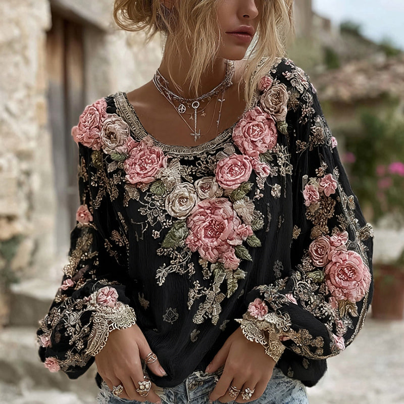 Women's Pink Rose Embroidery Art Round Neck Long Sleeve Linen Blend T-shirt