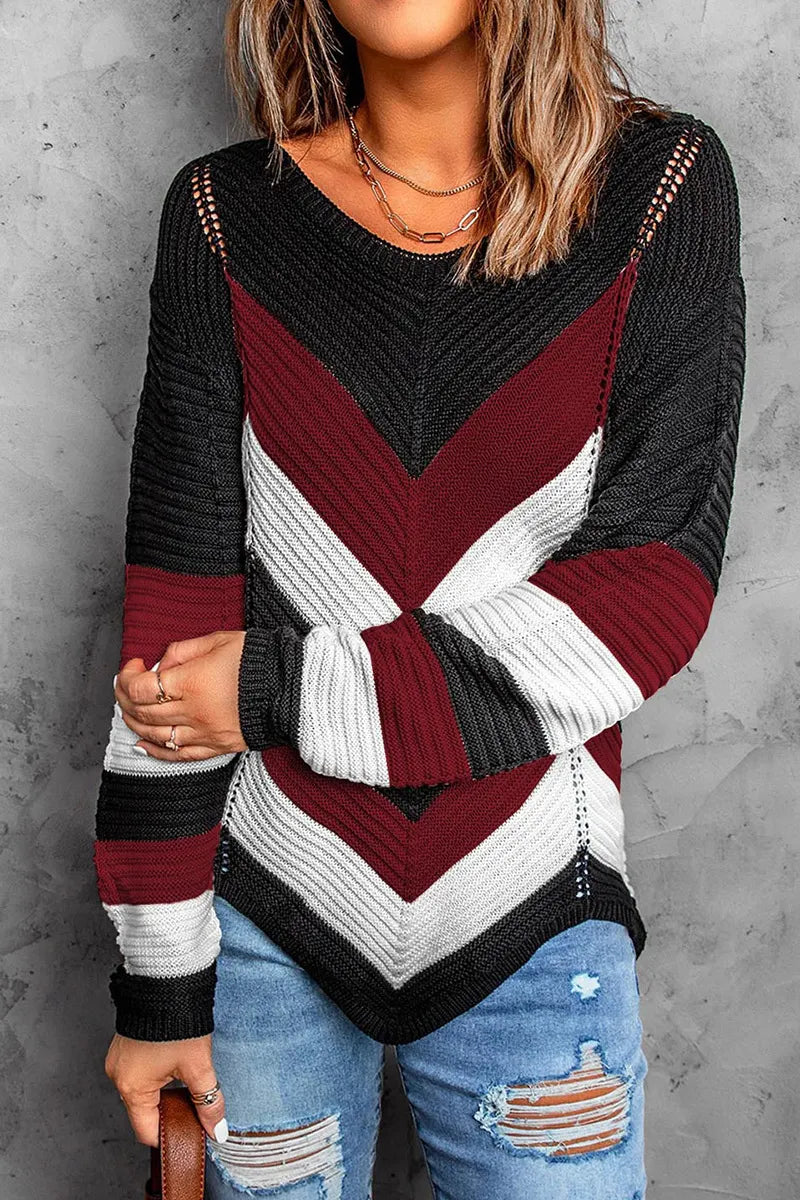 Chevron Pattern Hollow Out Asymmetrical Hem Sweater