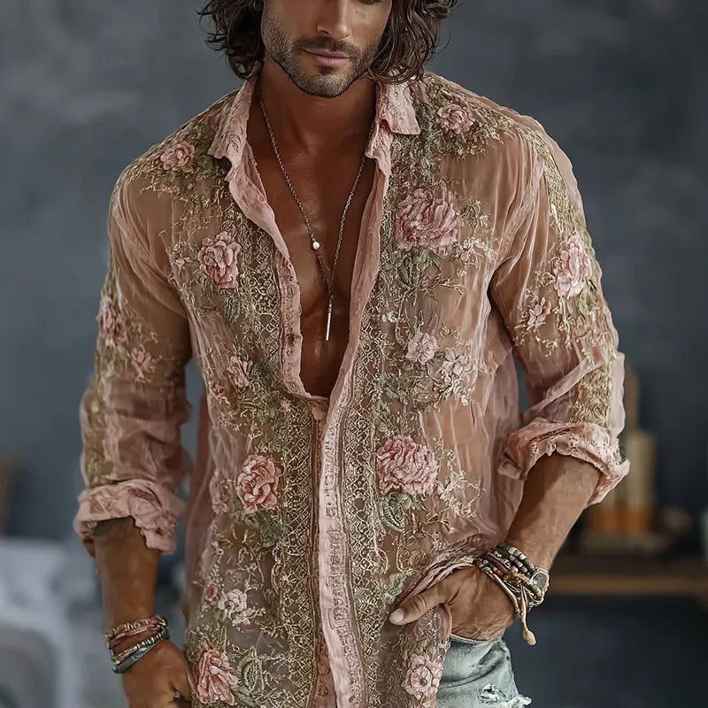 Men's Vintage Spring Floral Embroidered Art Print Flowy Linen Blend Casual Shirt