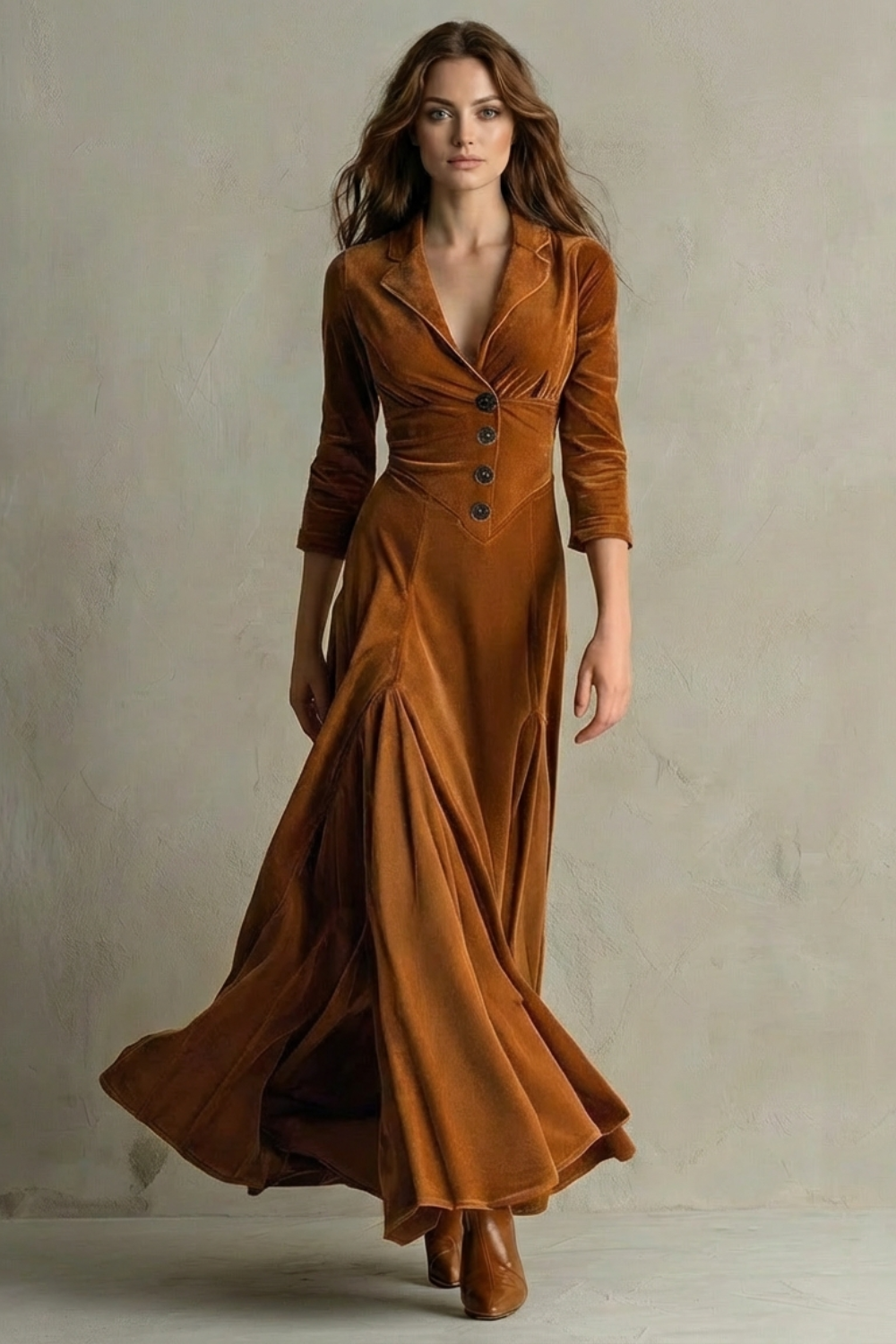 Vintage Velvet Long Dress – Elegant Buttoned Swing Skirt with Lapel Detail