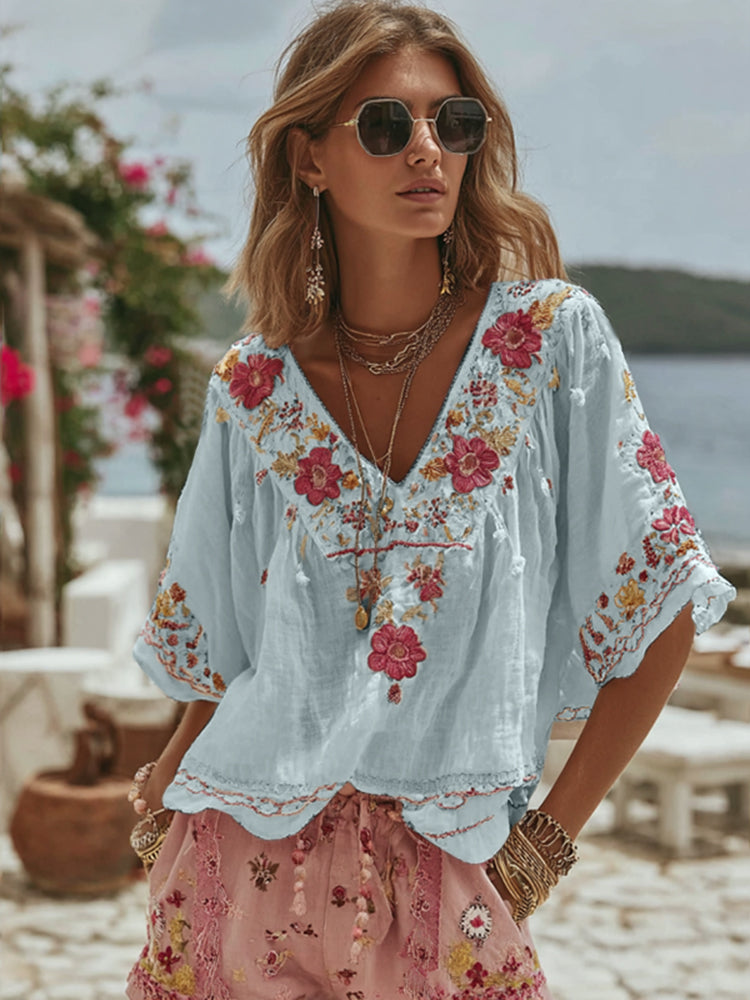 Women's Vintage Floral Art Linen Comfy Shirt