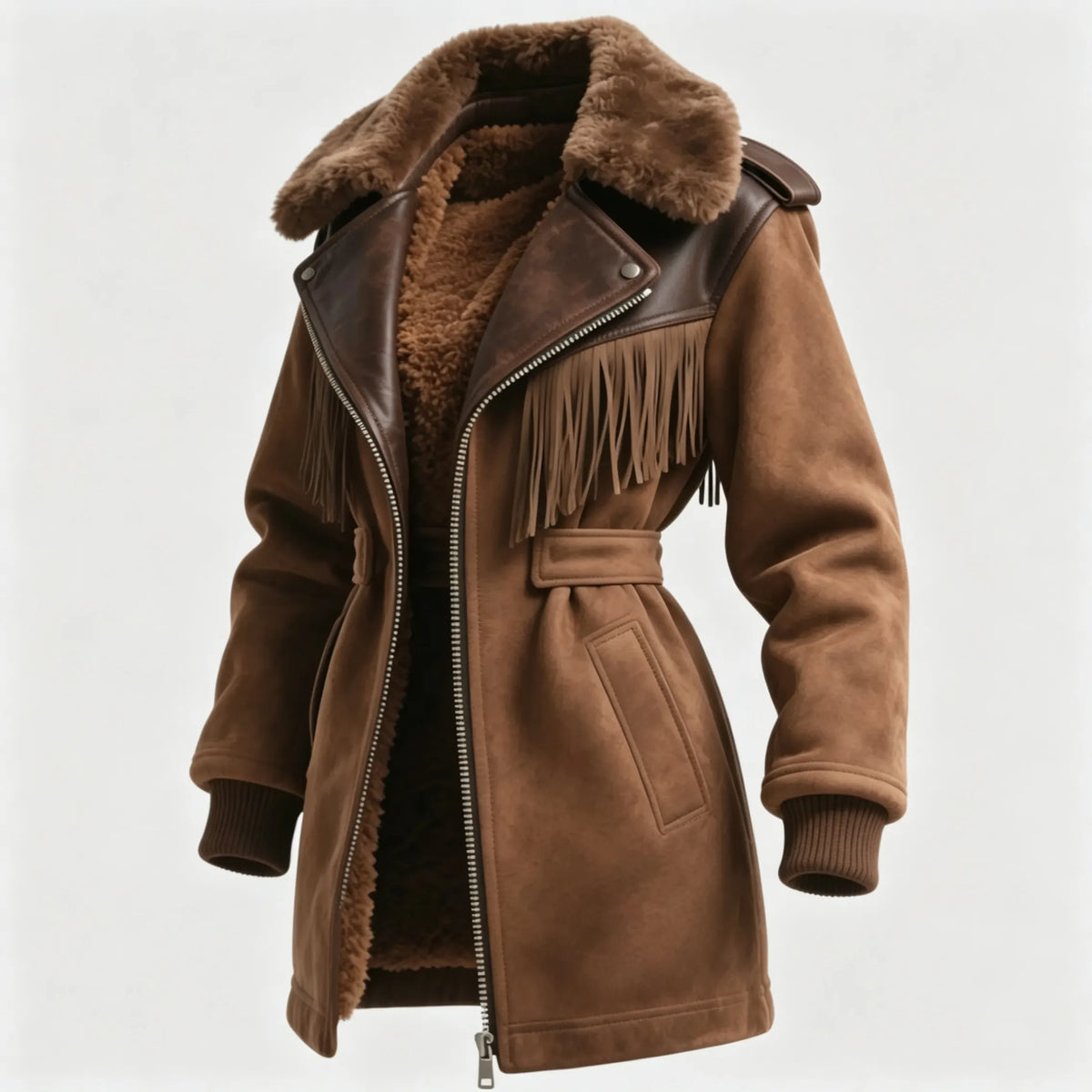 Women's Retro Western Style Suede Contrast Color Stitching Tassel Lapel Coat Wool Lined Thickened Jacket
