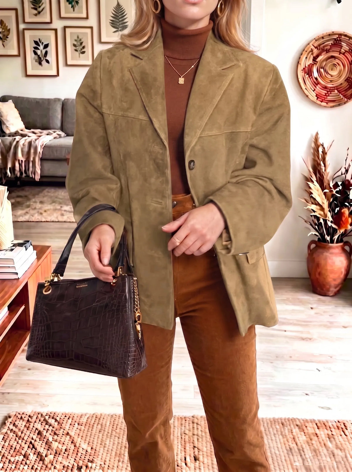 Vintage Suede Lapel Single‐Breasted Blazer Jacket Women Casual Coat