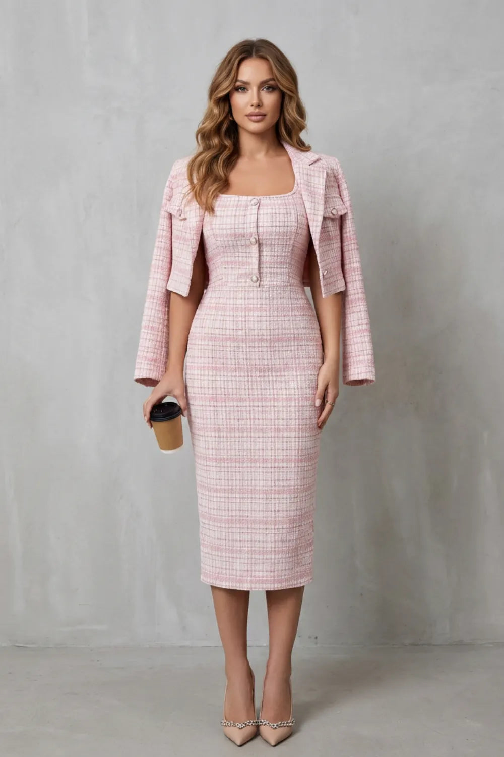 Elegant plaid tailoring – Two-piece midi dress set