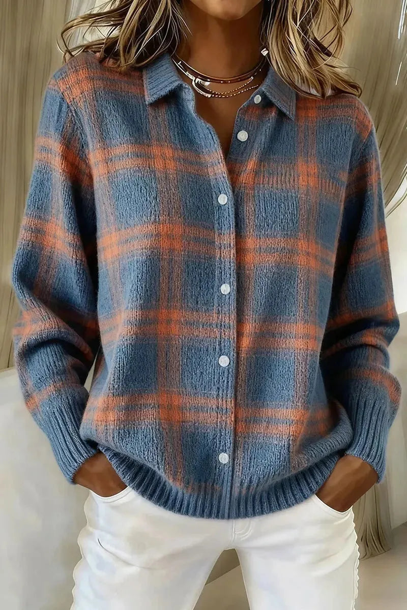 Women Loose Long Sleeve Plaid Collared Button‐front Knit Cardigan Sweater