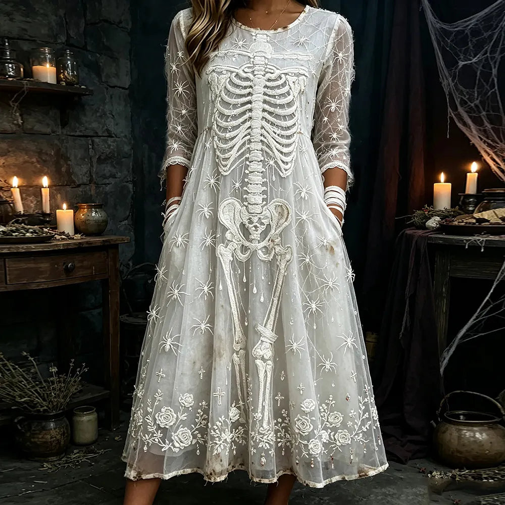 Women's Vintage Lace And Spider Art White Casual Crew Neck Long Sleeve Dress