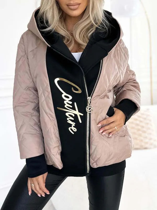 🔥Limited-time deal!😍Women's Hooded Zipper Stitching Contrast Color Letter Print Casual Cotton Coat