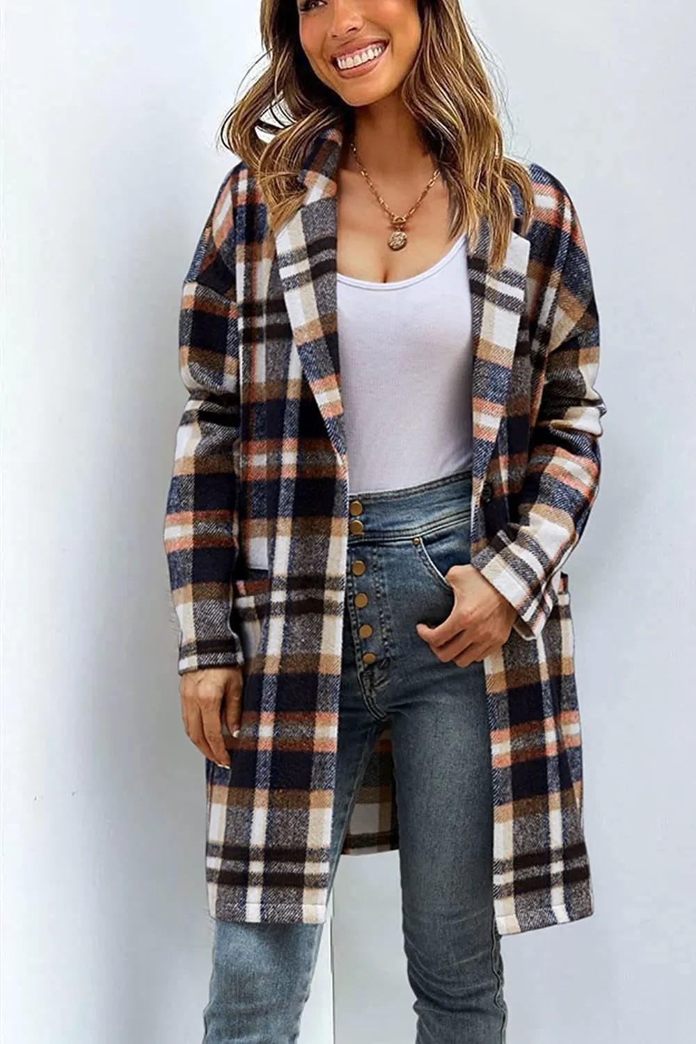 Women Plaid Notched Lapel Mid‐Length Wool Blend Coat, Casual Button Down Oversized Outerwear