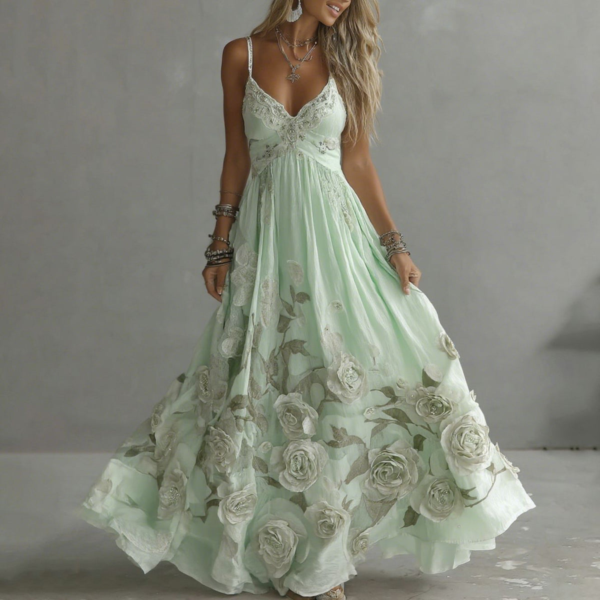 Women's Vintage Rose Embroidery Art V-neck Suspender Maxi Dress