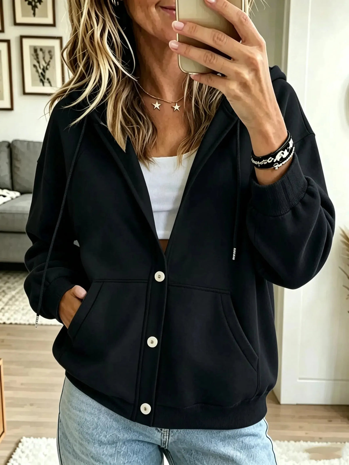 Women's Button-Down Casual Hooded Sweatshirt