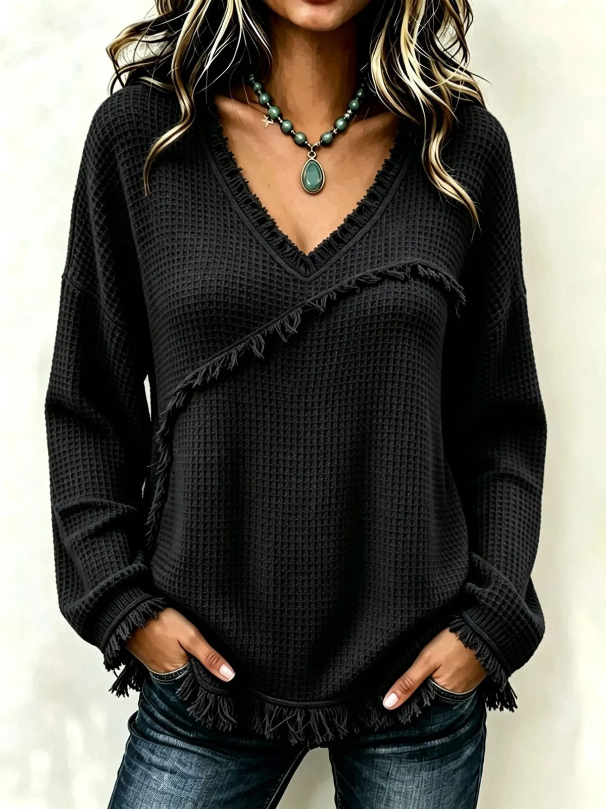 Fringe Trim Waffle Knit V‐Neck Sweater, Women Long Sleeve Loose Pullover Top