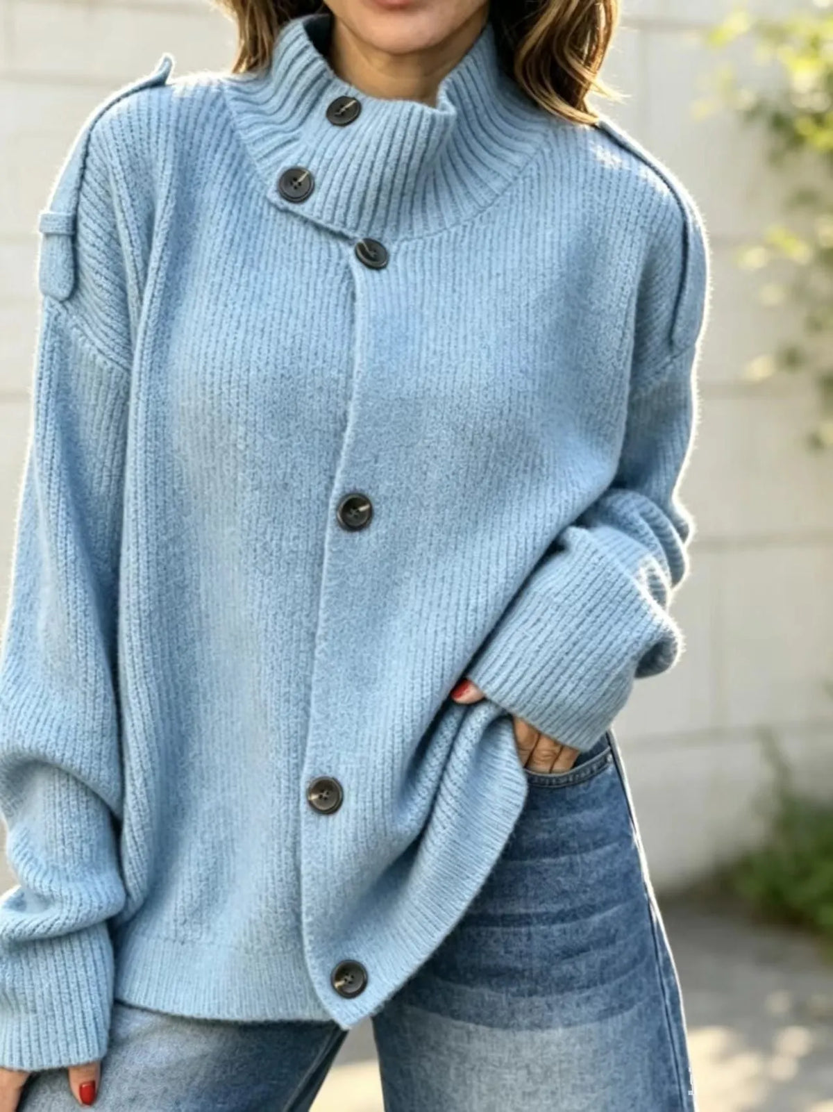 Stand Collar Button‐Down Shoulder Detail Knit Cardigan