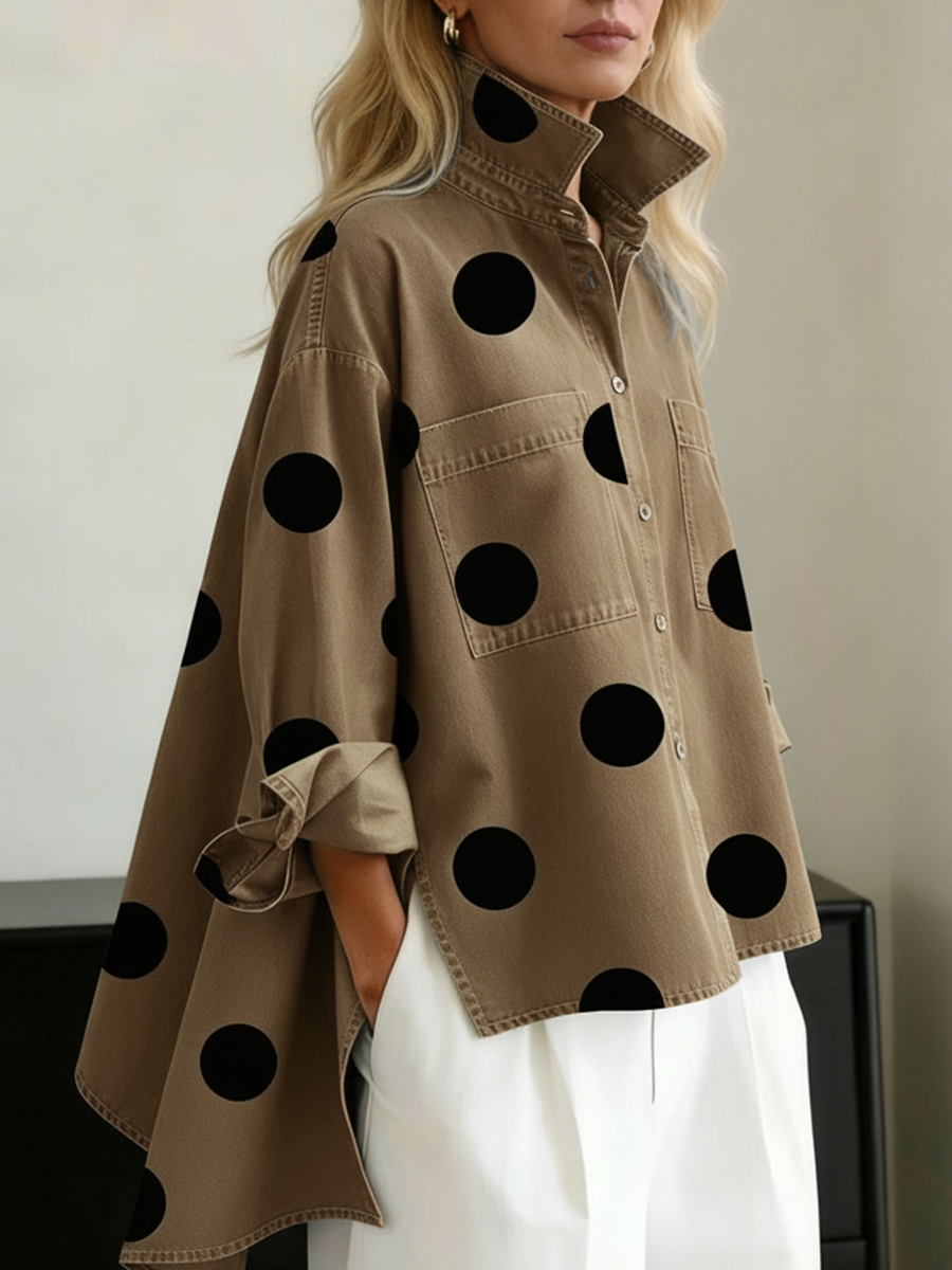 Elegant Artistic Polka Dot Print Stand-collar Denim Top