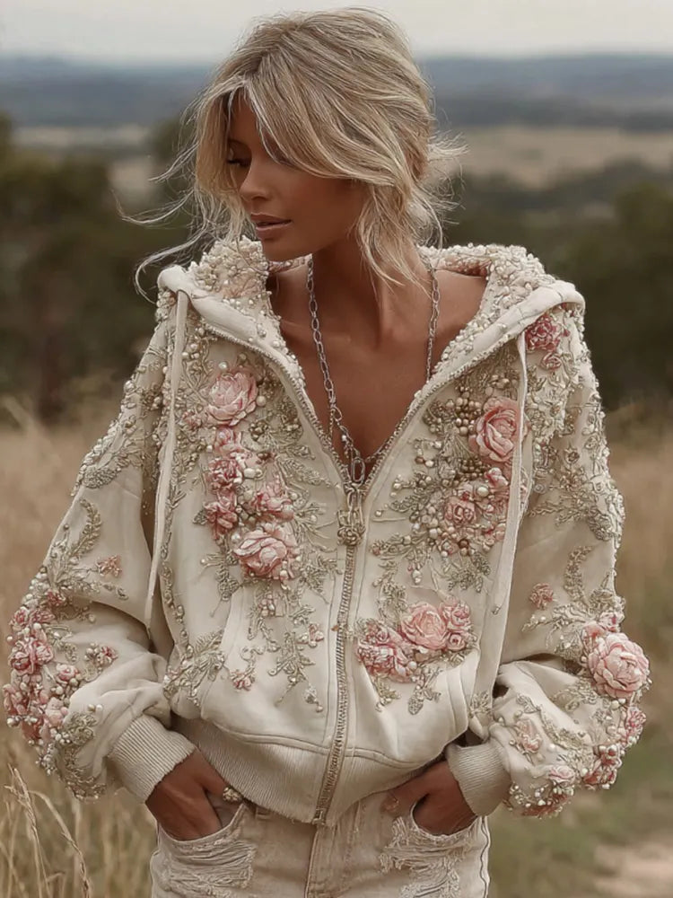 Women's Vintage Pink Floral Embroidery Art Casual Zip Pu Hoodie