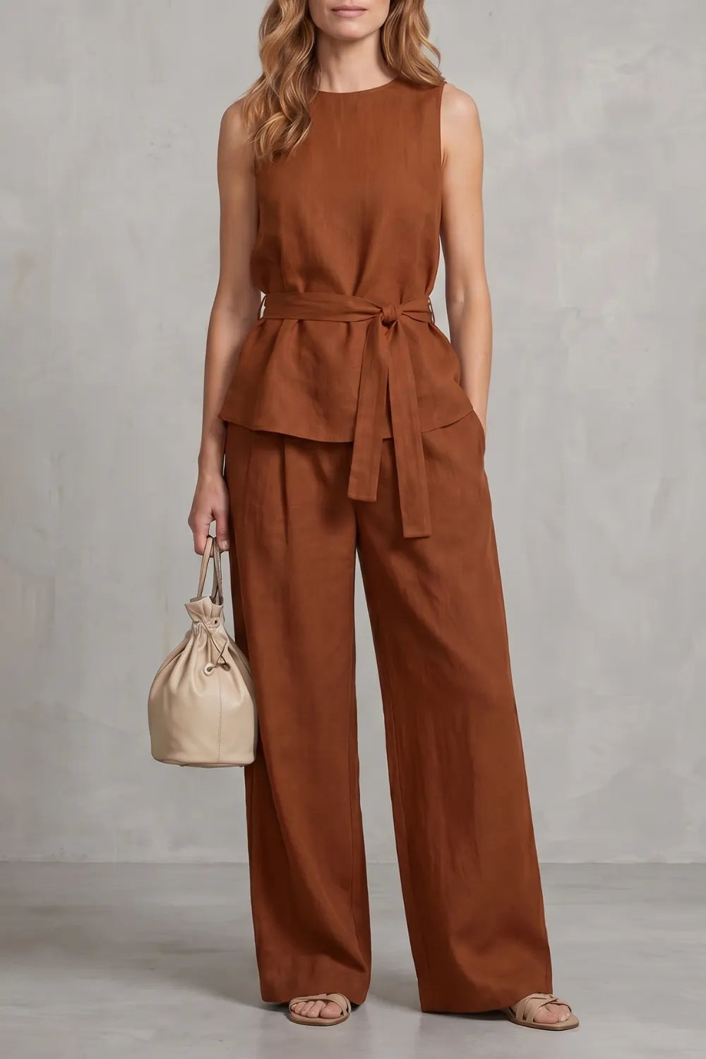 Elegant tie-waist silhouette – Two-piece trouser set