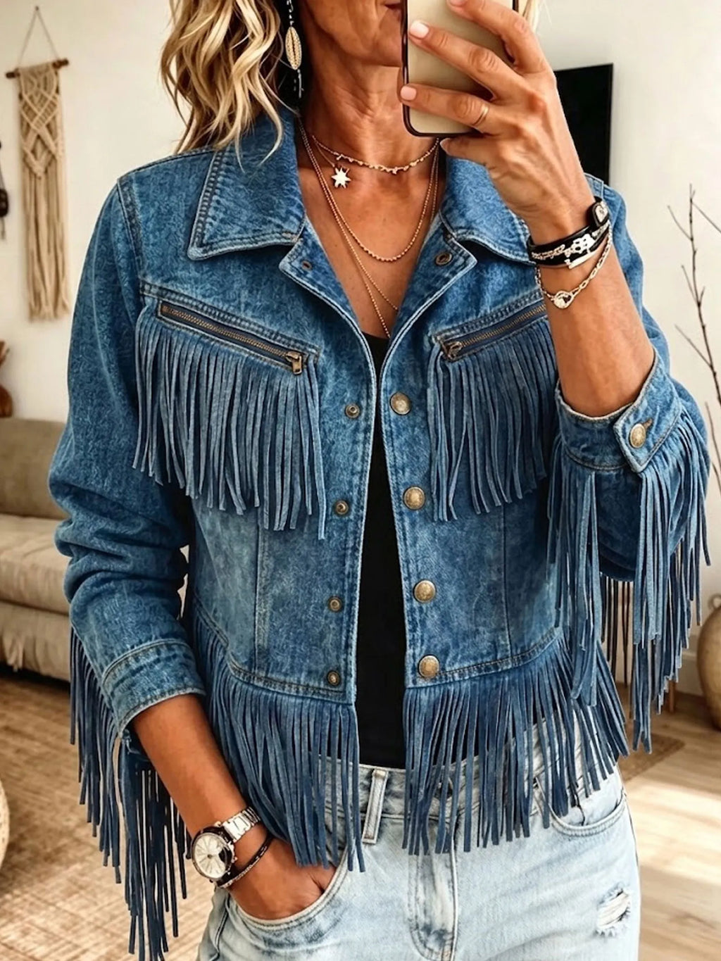 Women Cropped Fringe Denim Jacket Western Button‐Up Vintage Outerwear