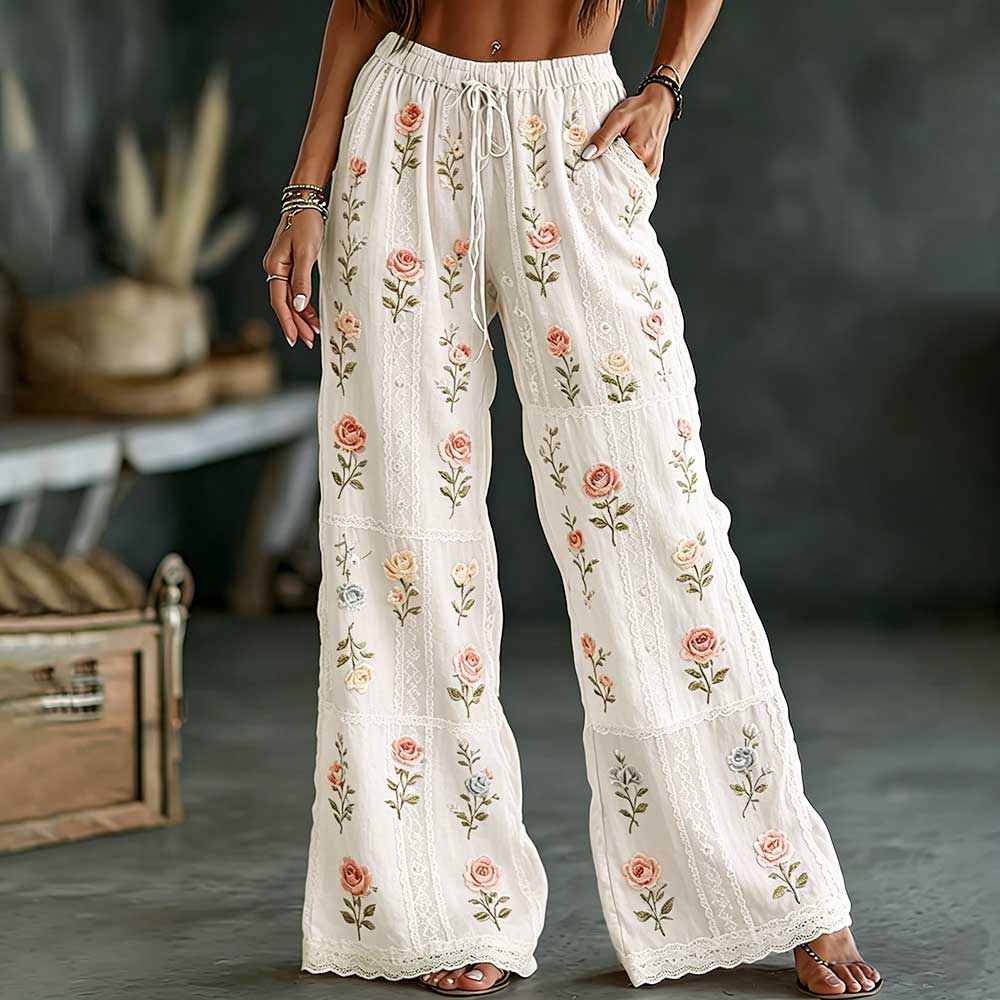 Vintage Rose Art Embroidery Color-block Spliced Comfortable Cotton Linen Trousers