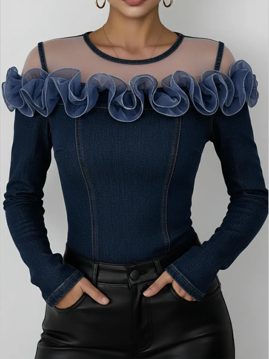 Fashionable Patchwork Mesh Organza Ruffled Denim Top