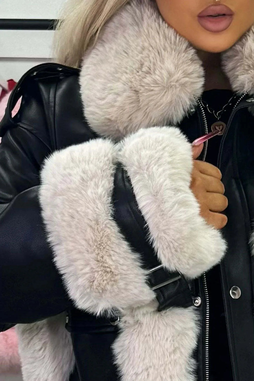 Faux Fur Trim Faux Leather Jacket Black