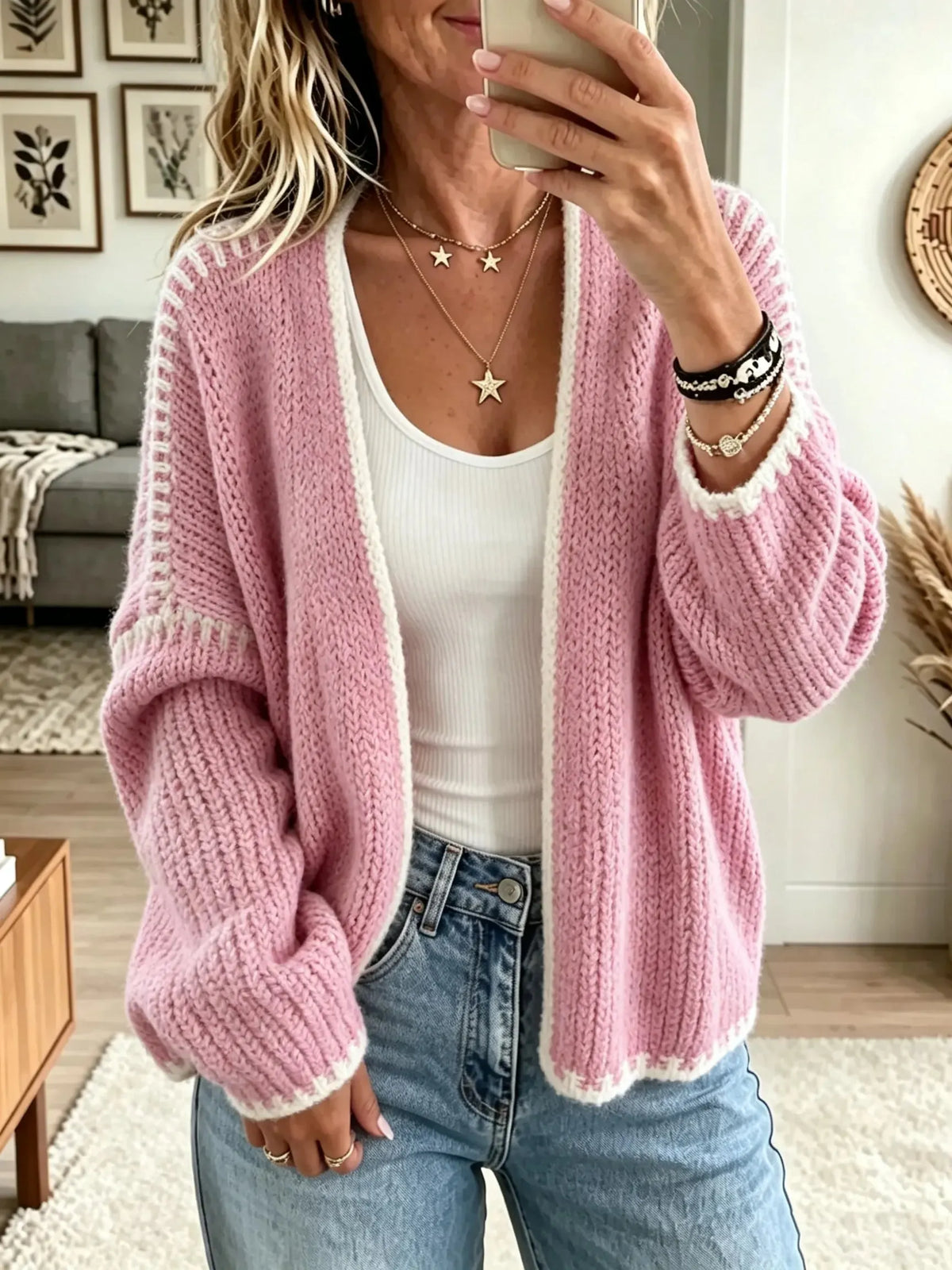 Women's Blanket Stitch Trim Open-Front Cardigan