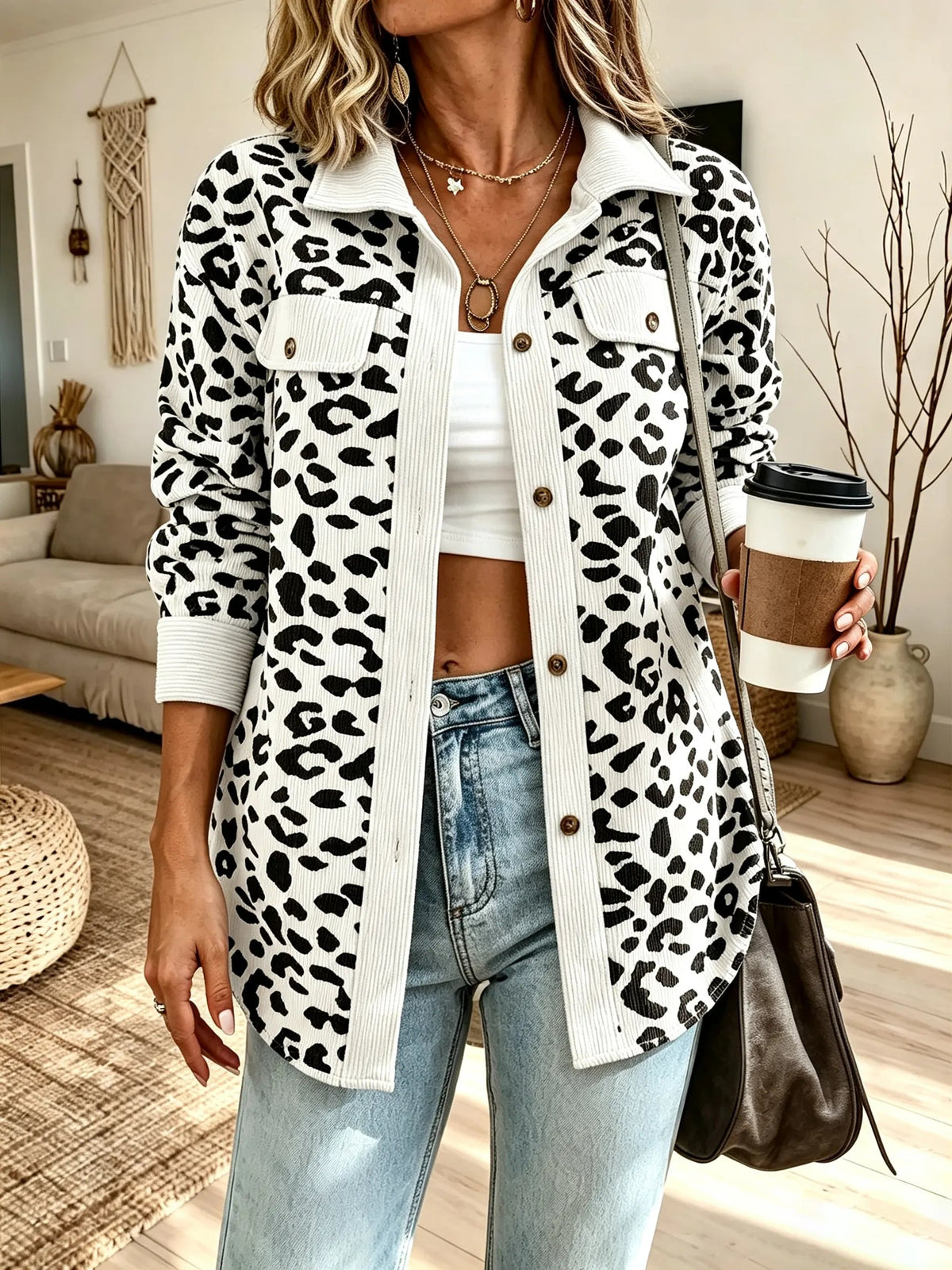 Women Leopard Print Corduroy Collared Jacket