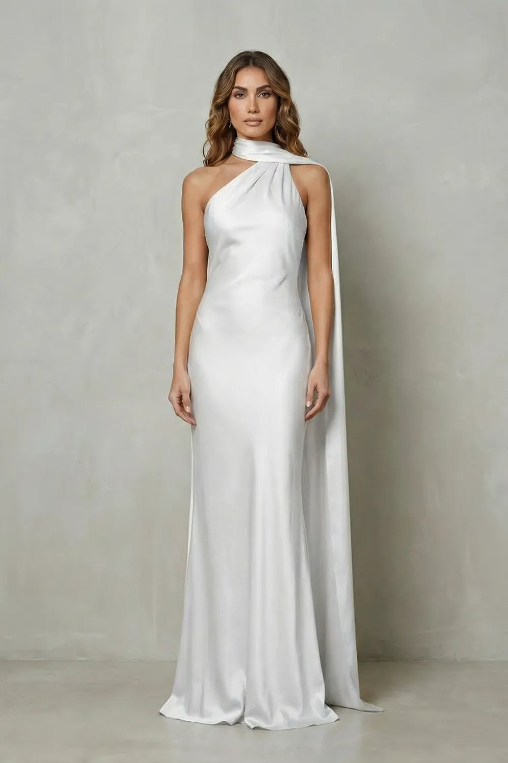 Draped neckline cascade – Satin mermaid gown