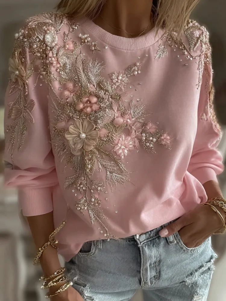 Women's Pink Floral Embroidery Art Crew Neck Sweatshirt