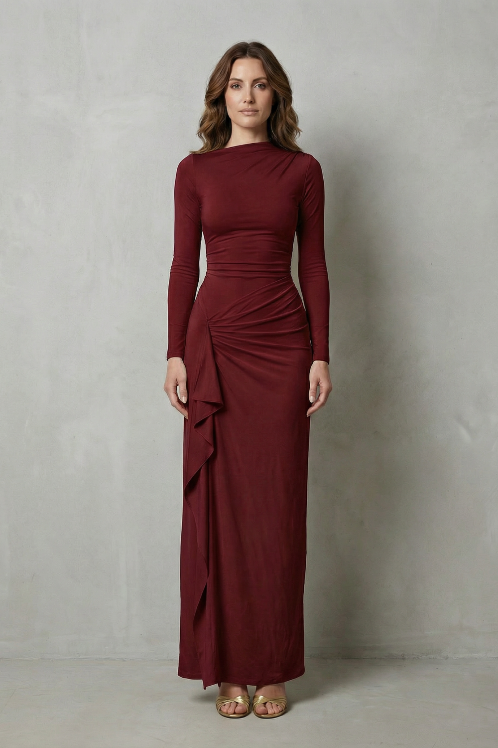 Sculpted side drape – Long sleeve maxi gown