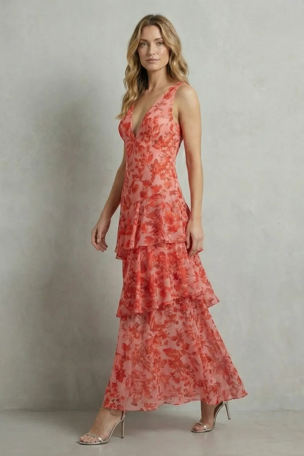 Crimson blossom layers – Tiered chiffon maxi dress