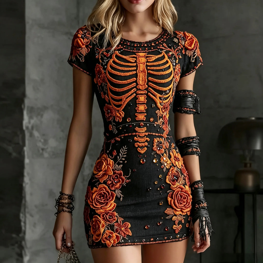 Women's Retro Halloween Skull And Floral Embroidered Round Neck Short Sleeve Dress