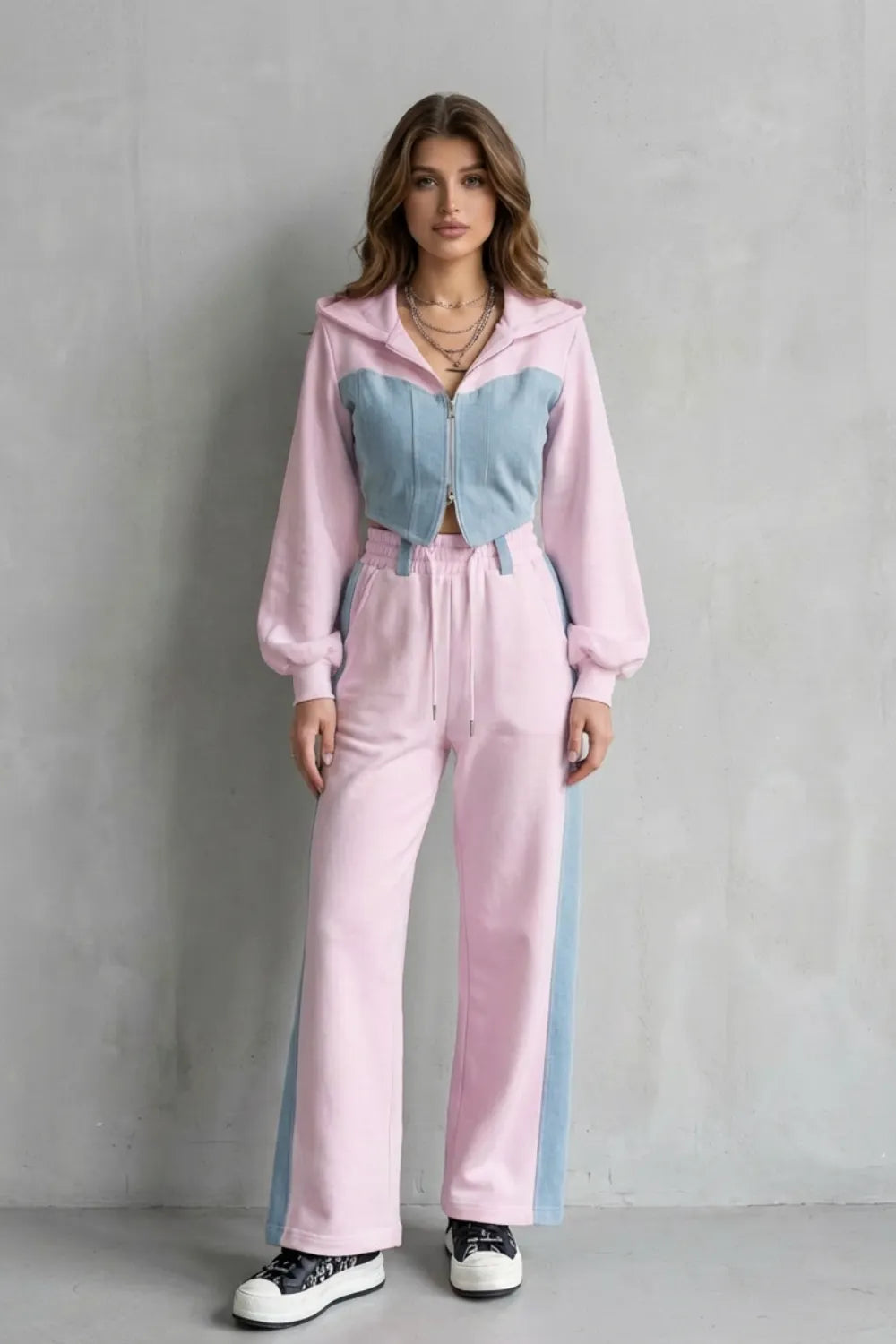 Denim Splice – Two-Piece Hoodie & Sweatpant Set