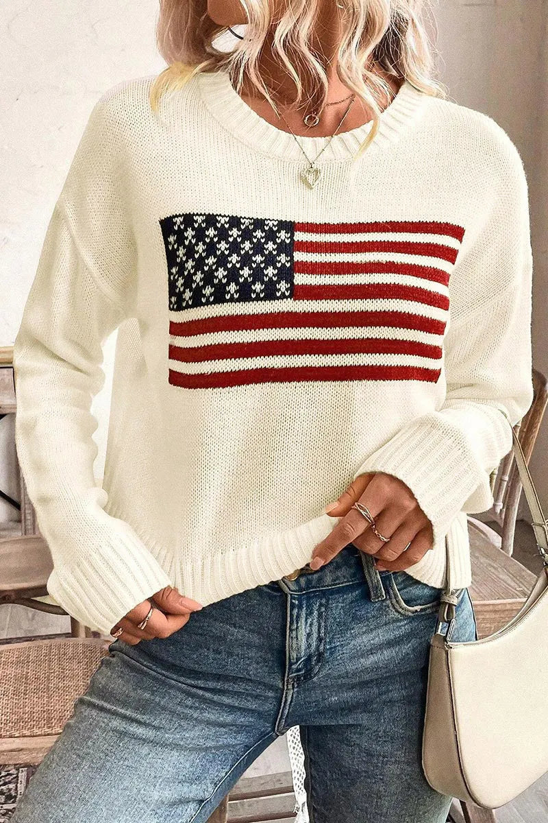 American Flag Pattern Knit Drop Shoulder Long Sleeve Sweater