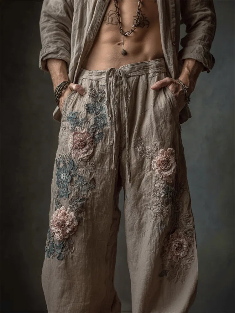 Men's Vintage Flowers Embroidered Wide Leg Linen Pants