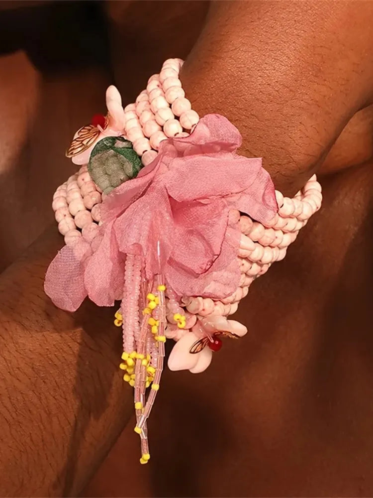 Bohemian Pink Floral & Butterfly Charms Beaded Multi-layered Stackable Bracelet