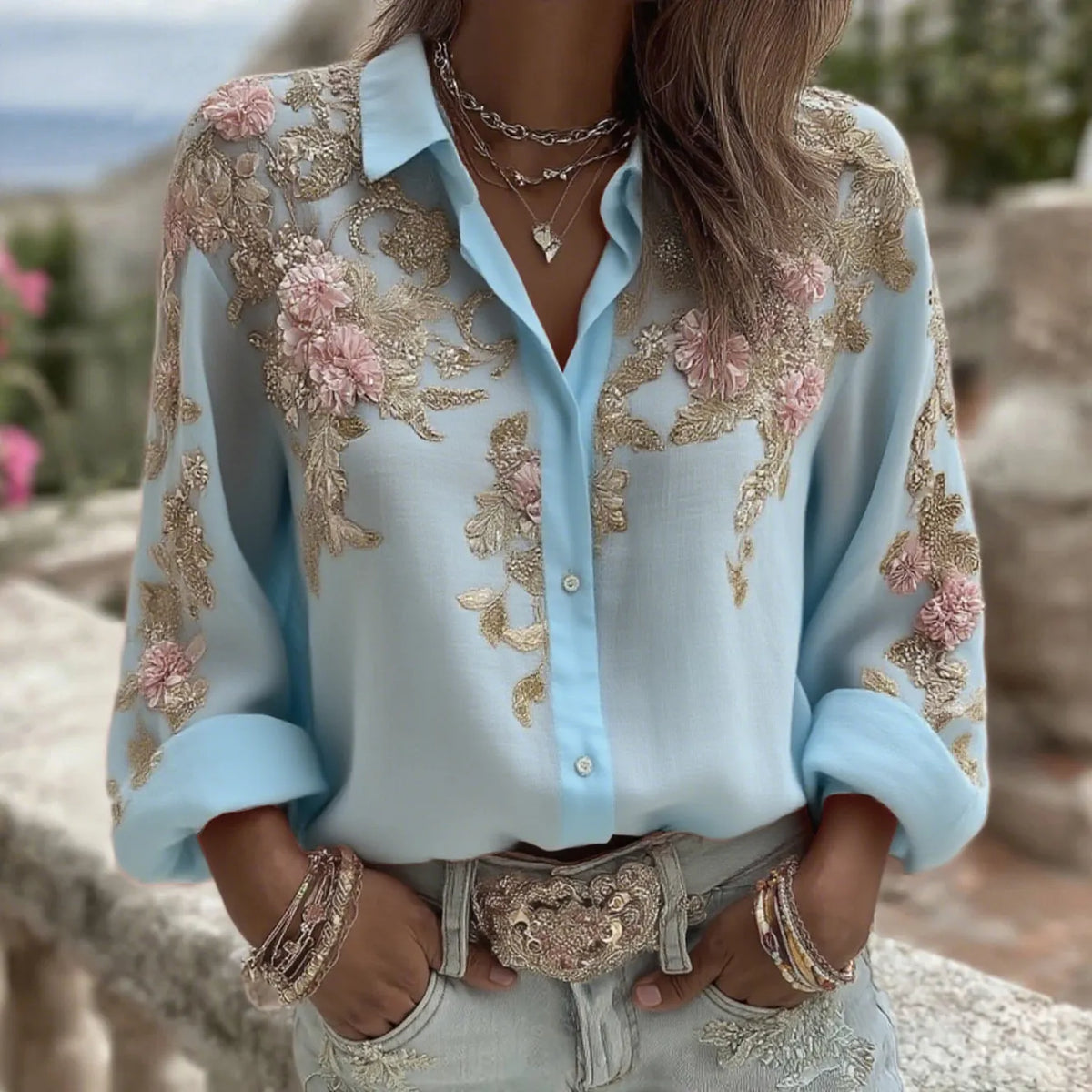 Women's Pink Flower Embroidery Art Long Sleeve Linen Blend Shirt