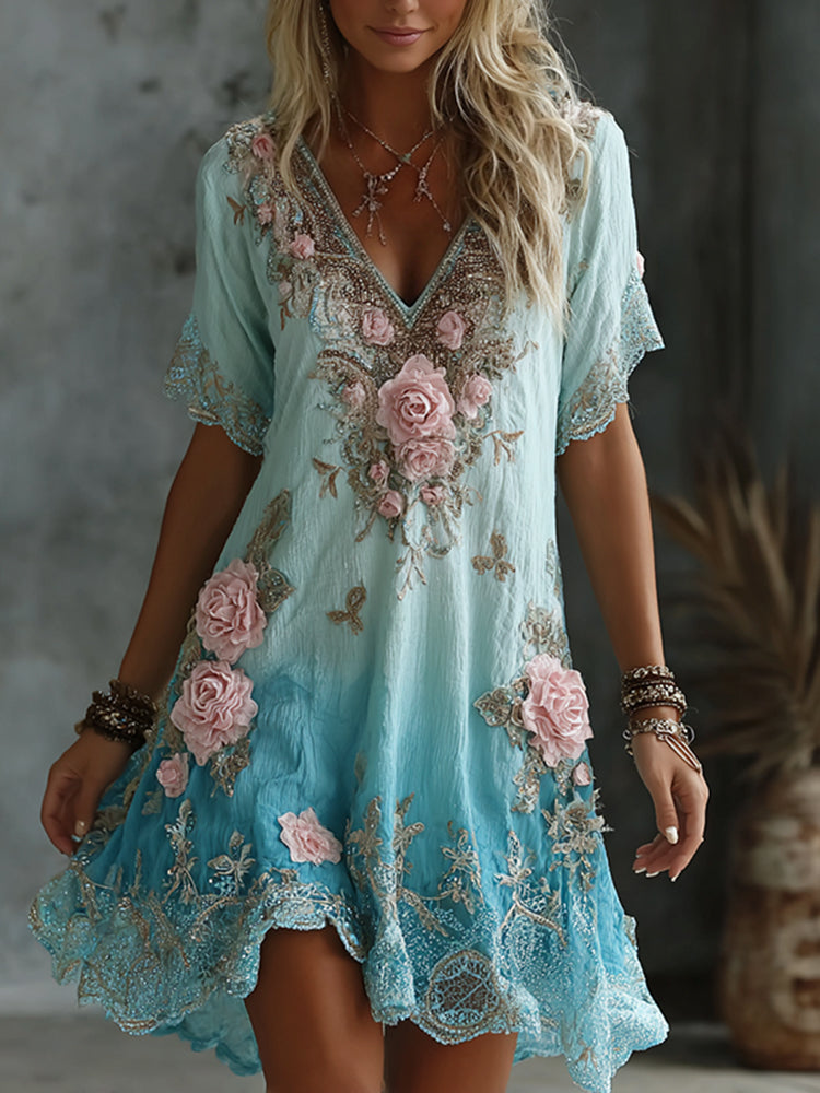 Women's Vintage Roses Art Flowy Linen Blend Casual Short Sleeve Maxi Dress