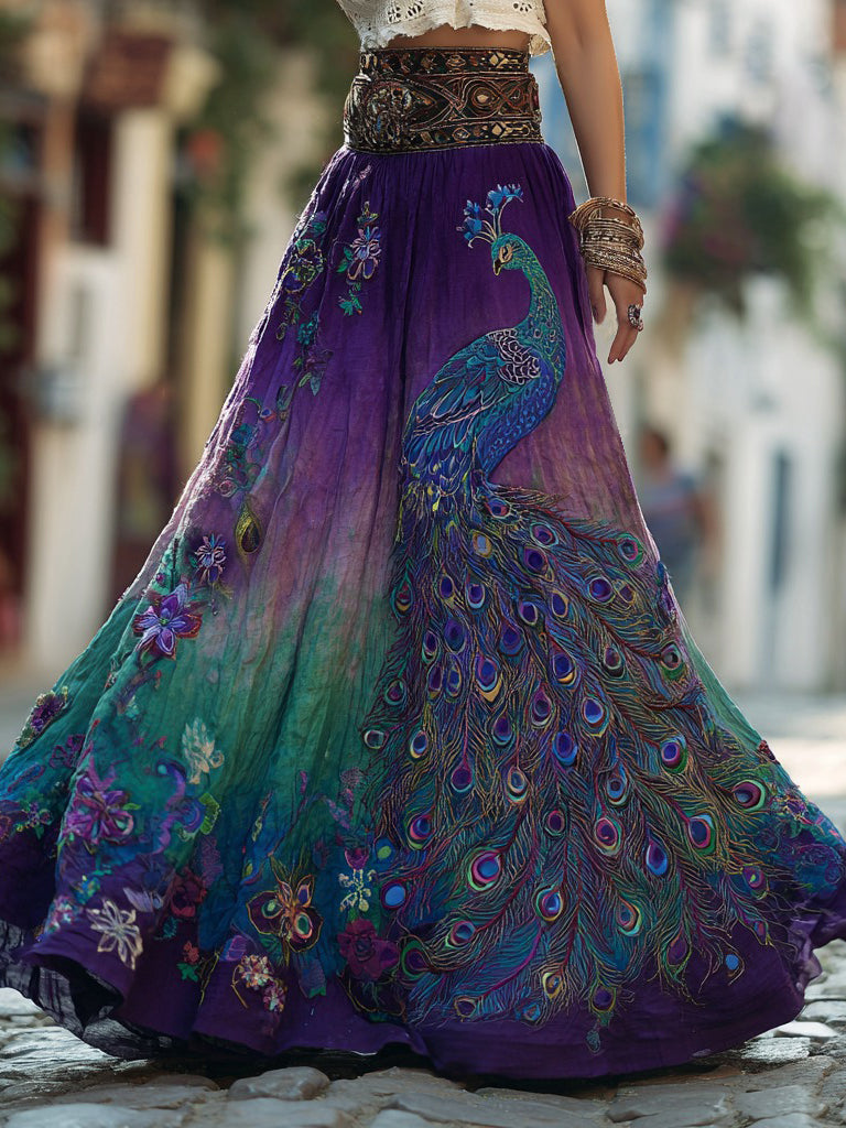 Women's Retro Floral With Peacock Art Linen Blend Casual Maxi Skirt