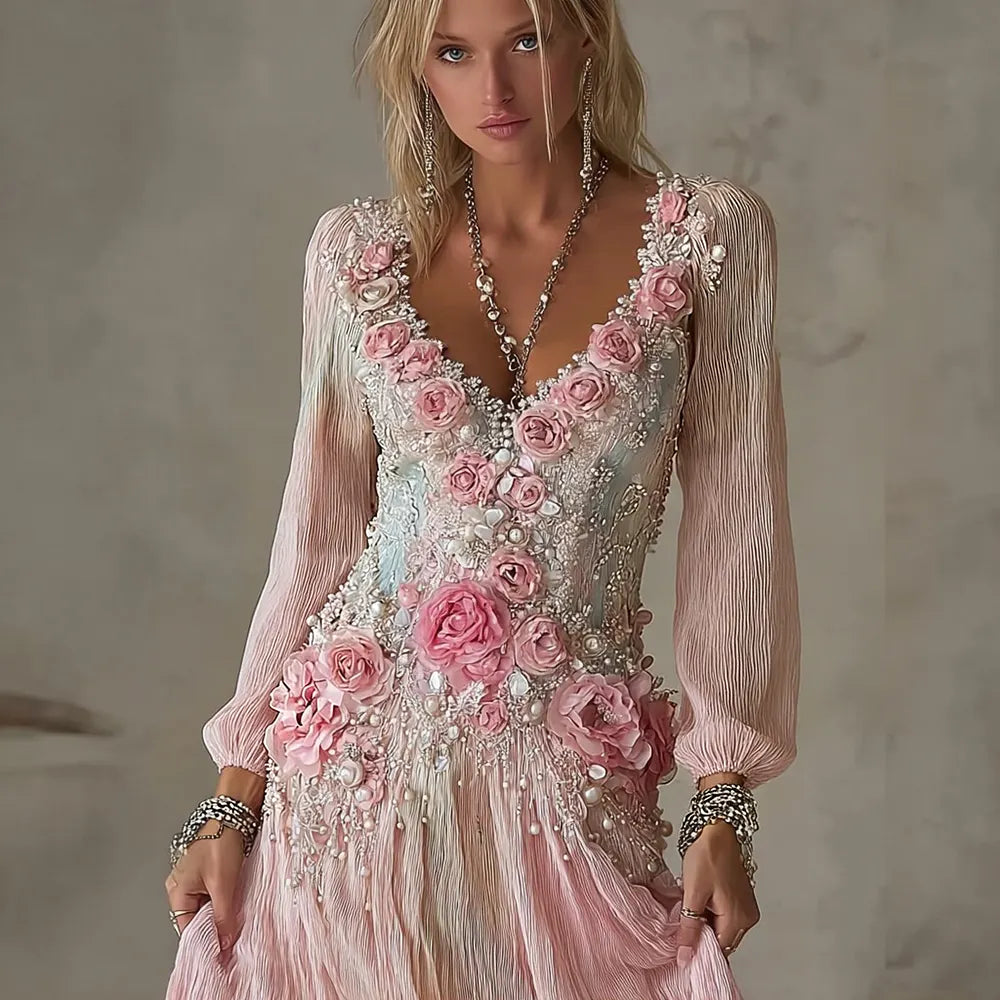 Boho Roses Embroidered Long Sleeve Linen Maxi Dress